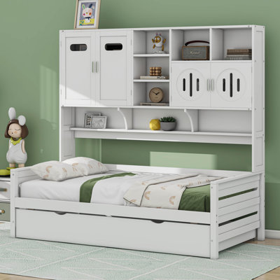Full Size Platform Bed With Twin Size Trundle, All-In-One Cabinet And Shelf