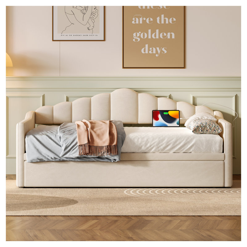 Lit de jour simple en velours beige avec lit gigogne réglable
