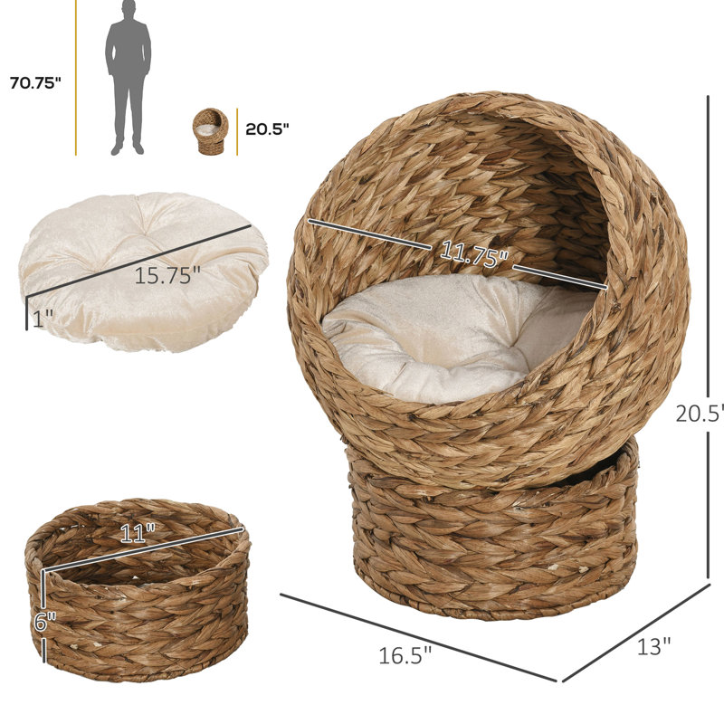 Lit pour chat surélevé tissé à la main, coussin moelleux et panier rotatif, point d'attrait intérieur, H 24 po, nid pour chien surélevé brun