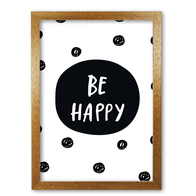 Be Happy Polka Dot - Painting, 30 cm H x 21 cm W x 5 cm D, Honey Oak Frame