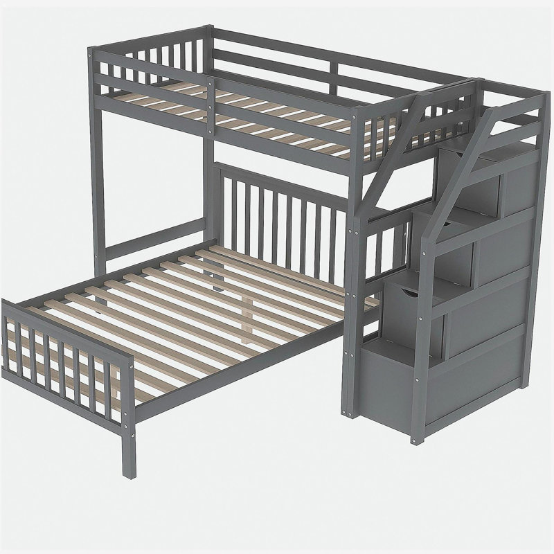 Double bunk bed with ladder, gray, Gray