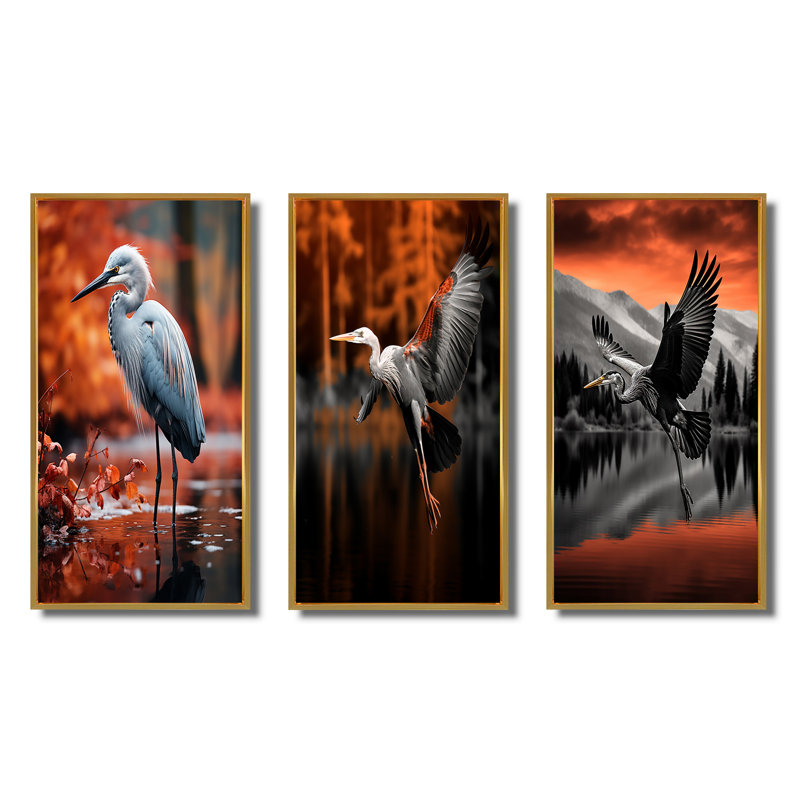 «Heron Graceful Waters», 3 pièces sur toile, Encadrement doré, H 40 po x l 60 po