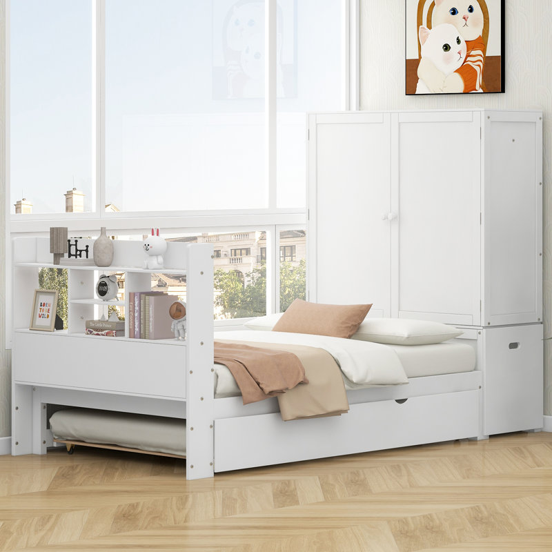 Twin Size Platform Bed With Storage Headboard And Footboard,  Pull Out Shelves And Twin Size Trundle, White, Blanc