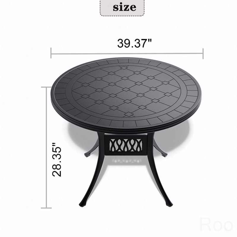 Table de salle à manger en fonte d'aluminium avec cadre noir et texture sculptée sur le plateau de table
