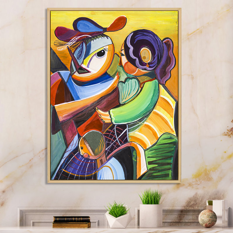 Abstrait deux femmes rencontrant - peinture, H 20 po x l 12 po x P 1 po, Cadre flottant brun