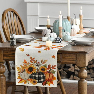 Pumpkins Sunflowers 210 GSM Fall Table Runner, Seasonal Kitchen Dining Table Decoration For Home Party Decor 13X108 Inch