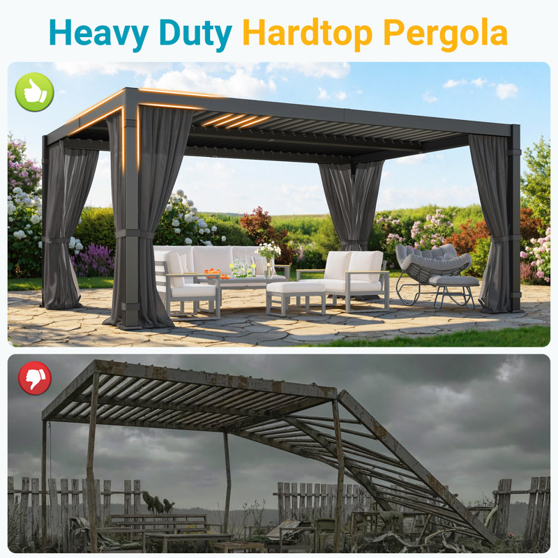 12' x 16' Louvered Pergola with Curtains & Netting, Outdoor Pergola with Adjustable Metal Louvers & Hidden Drainage, Weather Resistant Patio Pergola for Backyard, Poolside, Dark Gray