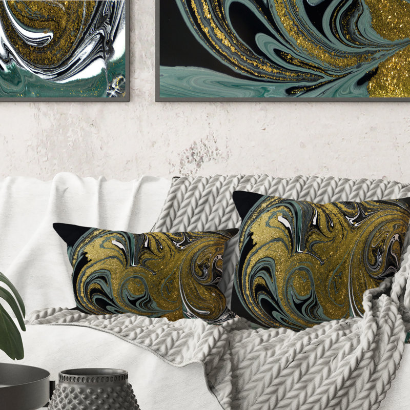 Blue And Golden Marble Waves - Modern Printed Throw Pillow, 16" x 16"