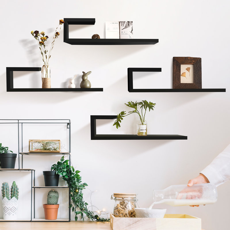 Leina Manufactured Wood L-Shaped Floating Shelves, Black