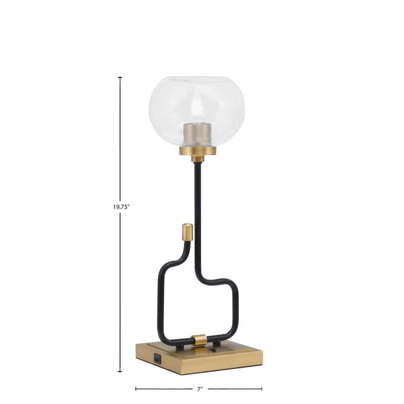 Lampe d'appoint Amarmula, avec ports USB, fini noir mat et laiton vieilli, verre bullé transparent de 7 po, Doré, Clair