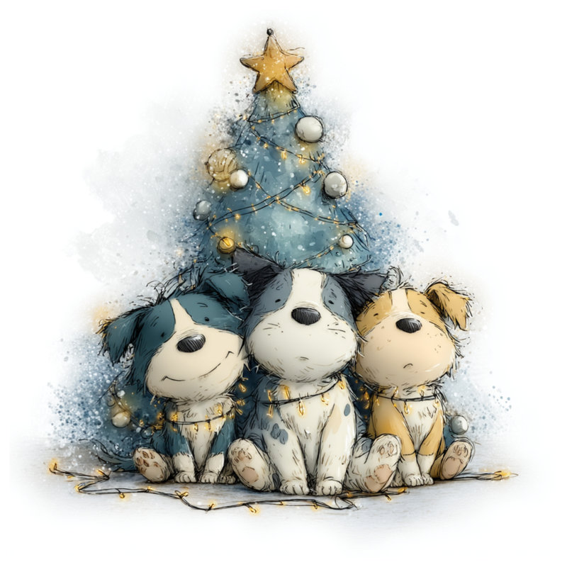 «Three Puppies Christmas Tree», toile tendue en plusieurs tailles, 32 po x 32 po