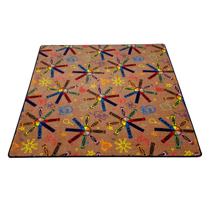 Tapis de classe KidCarpet.com à motifs de crayons multicolores sur fond beige, carré de 1,83 m x 1,83 m