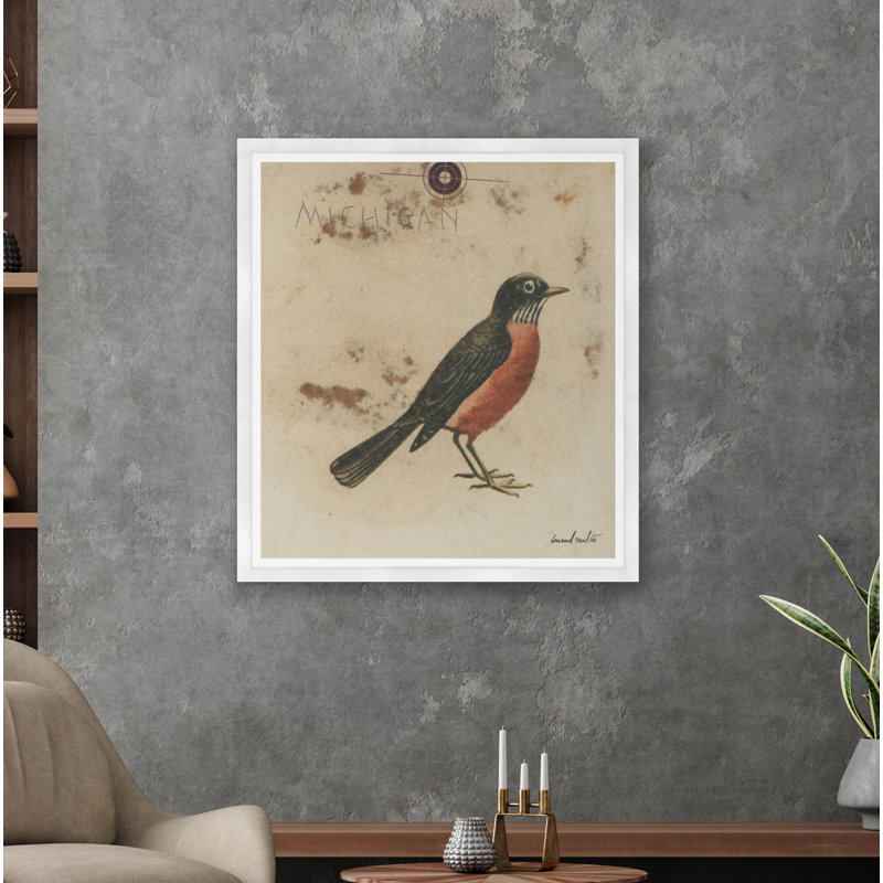 Michigan Robin Print, White Framed