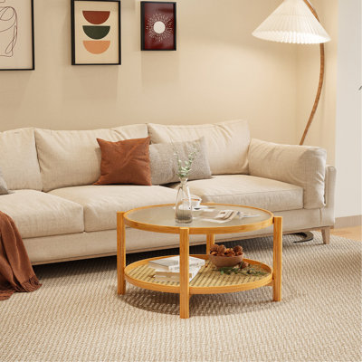 Table basse en rotin, table basse en bambou à 2 niveaux avec plateau en verre et tablette de rangement en rotin en PVC, table basse ronde moderne pour salon, bureau, naturel