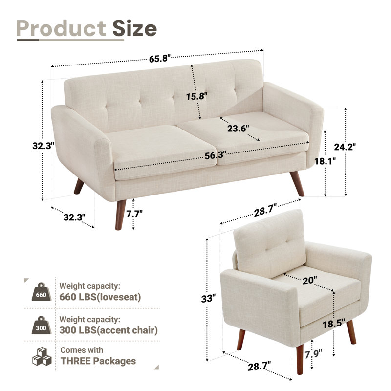  65" W Loveseat Sofa With 2 Armchair Accent Chair Tufted Upholstered Living Room Set, Beige