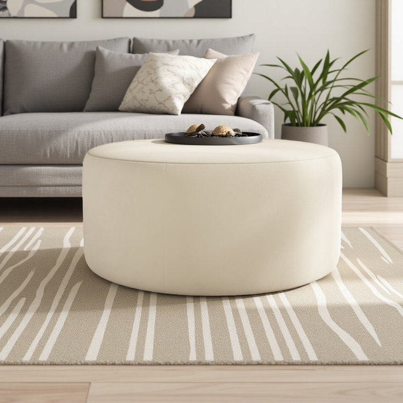 Upholstered Round Ottoman, Cream Velvet
