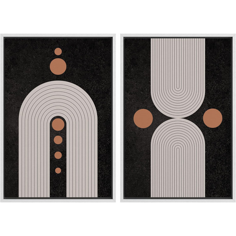 Black and Brown Geometric Circle Line Art Abstract Shapes Mid Century Modern Decor, White Floater Framed