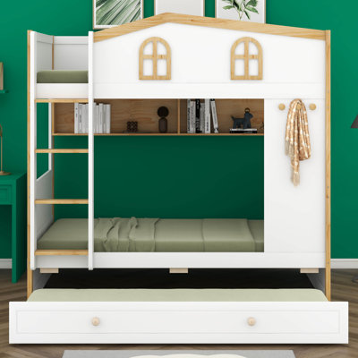 Lit superposé House avec lit gigogne, lit superposé en bois avec tablettes de rangement, lits superposés Playhouse avec échelle