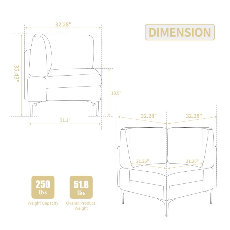 1 fauteuil d'angle modulaire, siège d'angle pour canapé, module d'assise central, coussin en L en velours côtelé beige, convient aux canapés de salon