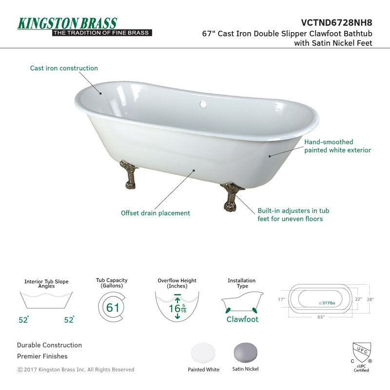 Kingston Brass Aqua Eden 67-Inch Cast Iron Oval Double Slipper Clawfoot Tub (No Faucet Drillings), Brushed Nickel