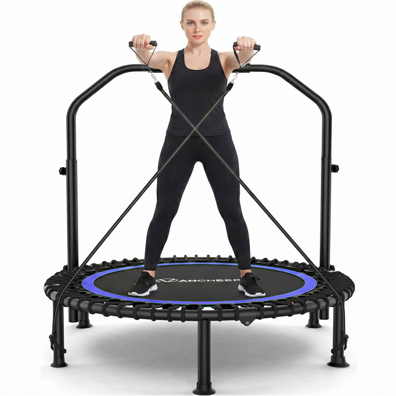 48" Foldable Mini Trampoline,Max Load 550Lbs Indoor Trampoline,With 4 Level Adjustable Foam Handle And Resistance Bands,Adult Exercise Trampoline For Home, Garden, And Gym