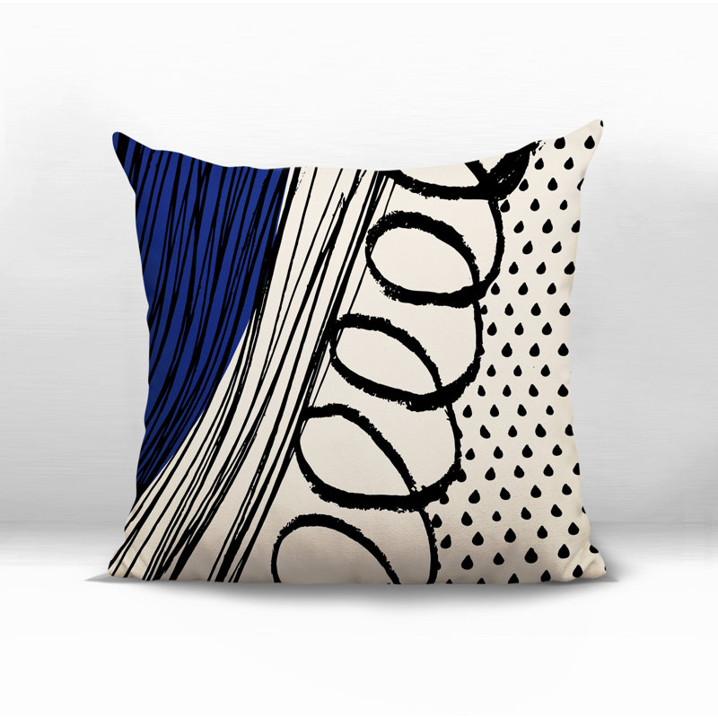Oreiller carré réversible intérieur / extérieur Toba, H 19 po x l 19 po, Bleu marine / noir / blanc cassé abstrait