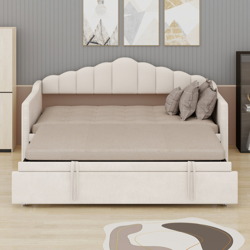 Daybed Featuring Adjustable Pop Up Trundle, USB and Type-C Charging, Plus Two Side Storage Pockets, Beige