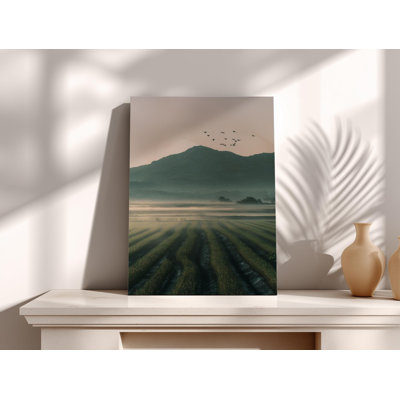 Art japonais japonais, toile de montagne brumeuse, impression de champ de ferme tranquille, paysage asiatique serein, décoration murale minimaliste zen pour les espaces apaisants