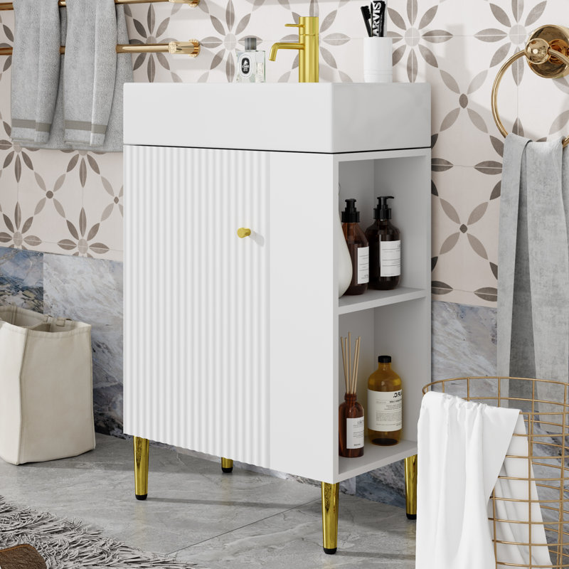 21.6" Single Bathroom Vanity Set With Ceramic Top, White, Gold