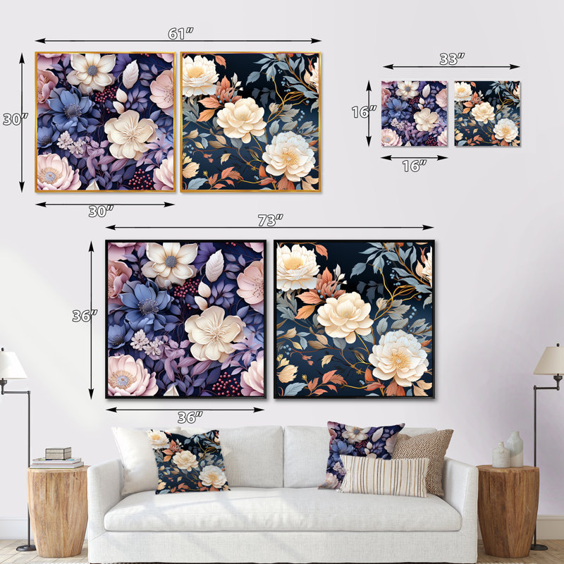 Fresquez - Ensemble de 2 collages floraux carrés, Cadre flottant noir, H 30 po x l 61 po