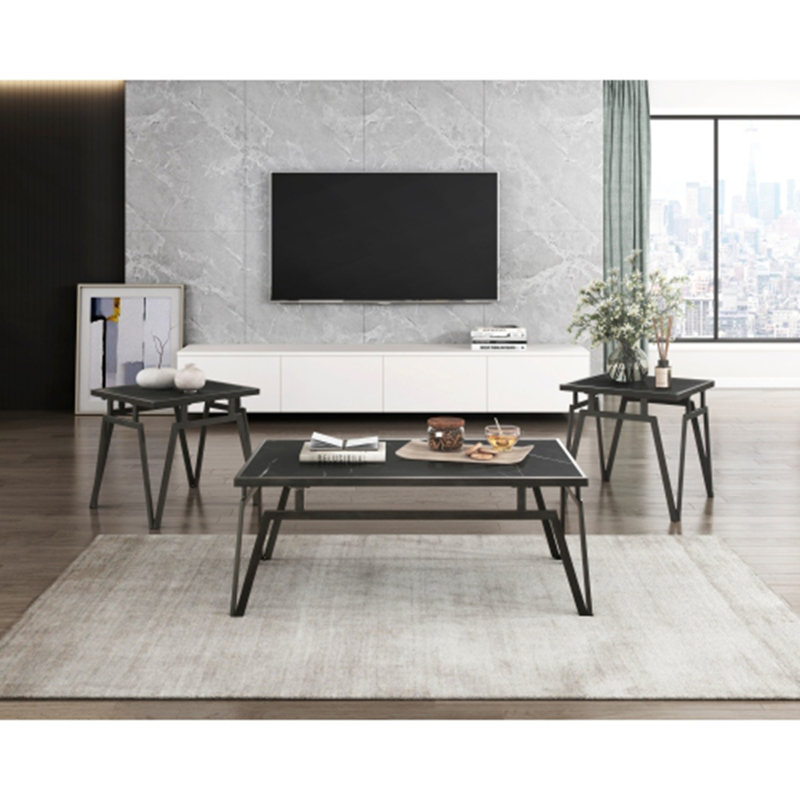 Ensemble de tables d'appoint 3 pièces à finition noire - Style contemporain avec table de cocktail en pierre frittée noire et 2 tables de bout