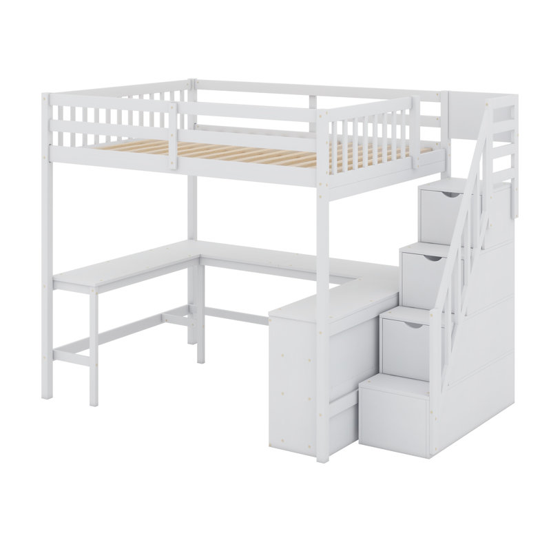 Lit mezzanine avec bureau intégré en forme de L et tablettes de rangement à trois niveaux, et escalier de rangement attaché