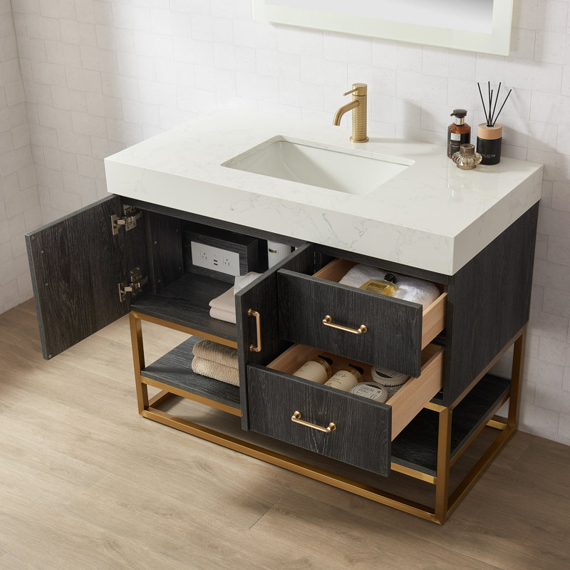 Alistair 42'' Single Bathroom Vanity with Engineered Stone Top, Gold, Natural Oak