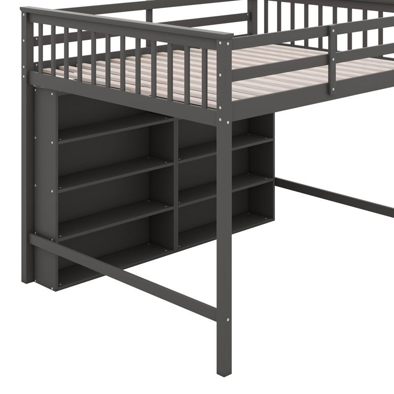 Lit mezzanine double avec tablettes, Gris antique
