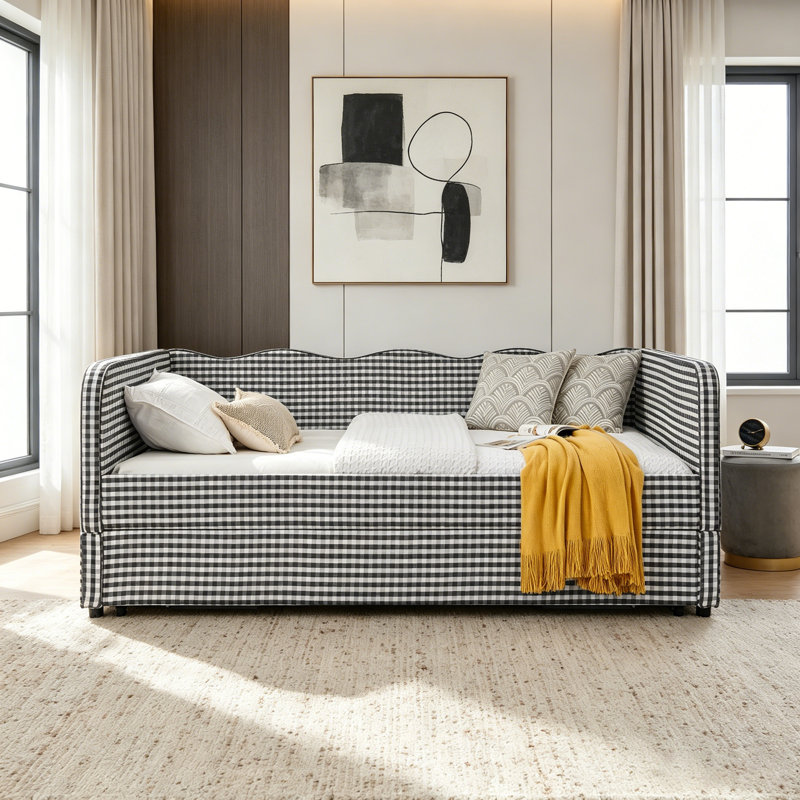 Canapé-lit convertible polyvalent 3-en-1 avec couchette coulissante et poches de rangement latérales Gingham, Black, Double