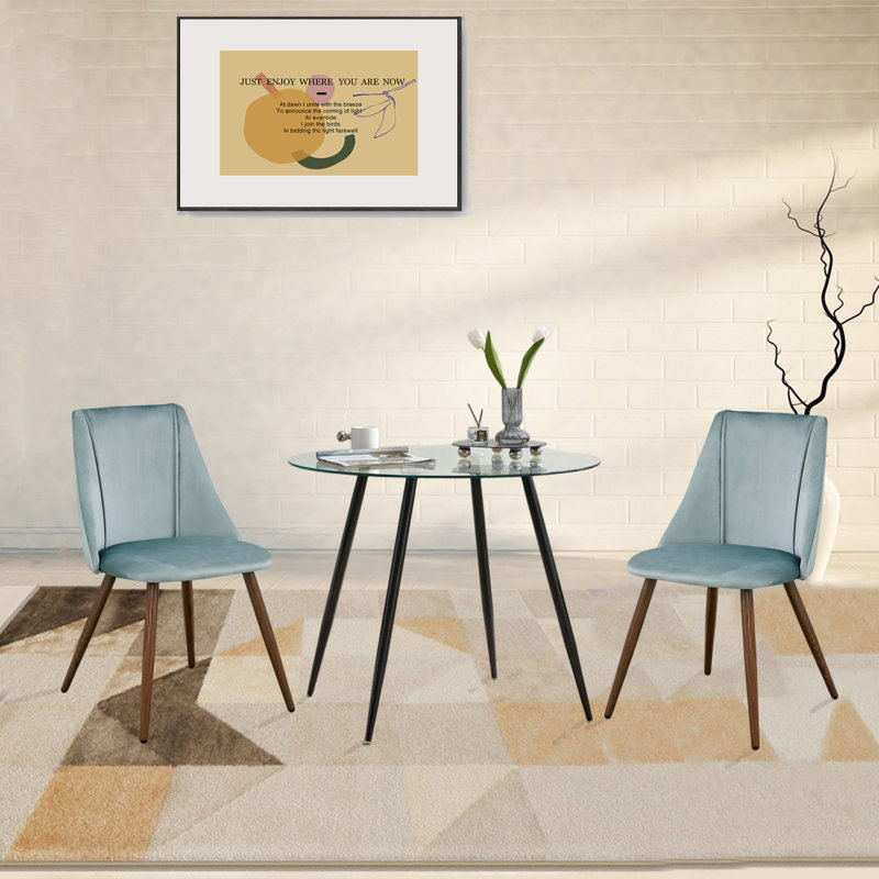 Jabrina 2 - Person Glass Top Four Leg Dining Set, Black, Lake Green, 1 Table + 2 Chairs