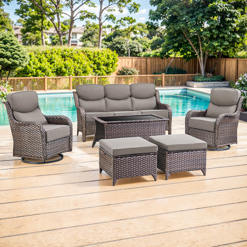  6-Piece Patio Furniture Set With Swivel Glider Chairs, 6-Inch Ultra-Plush Cushions & Water-Resistant Olefin Fabric, Gray