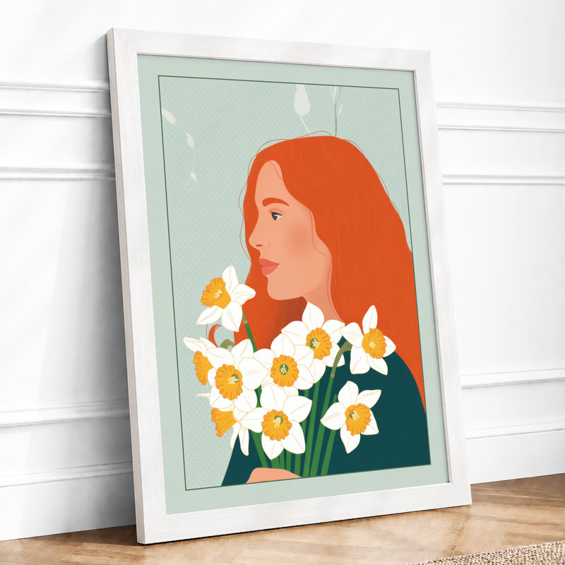 Woman with Spring Daffodils Botanical - Framed Print, A1 - 84.1 x 59.4 cm, White