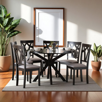 Brisa 7-Piece Dining Set in Grey Fabric and Dark Brown Finish, 29.81'' H X 44.77'' W X 44.77'' D