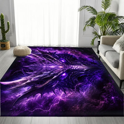 Tapis de style dragon fantastique, motif galaxie violette crachant du feu, design artistique et tendance, lavable en machine et antidérapant, idéal pour la décoration intérieure du salon, de la chambre, de la salle de jeux ou d'un appartement.