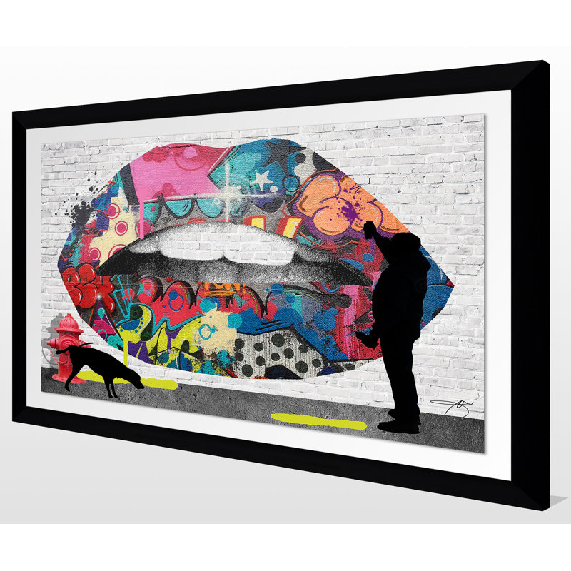 « graffitti lèvres », reproduction d’impression encadrée, H 21,5 po x l 27,5 po x P 0,75 po