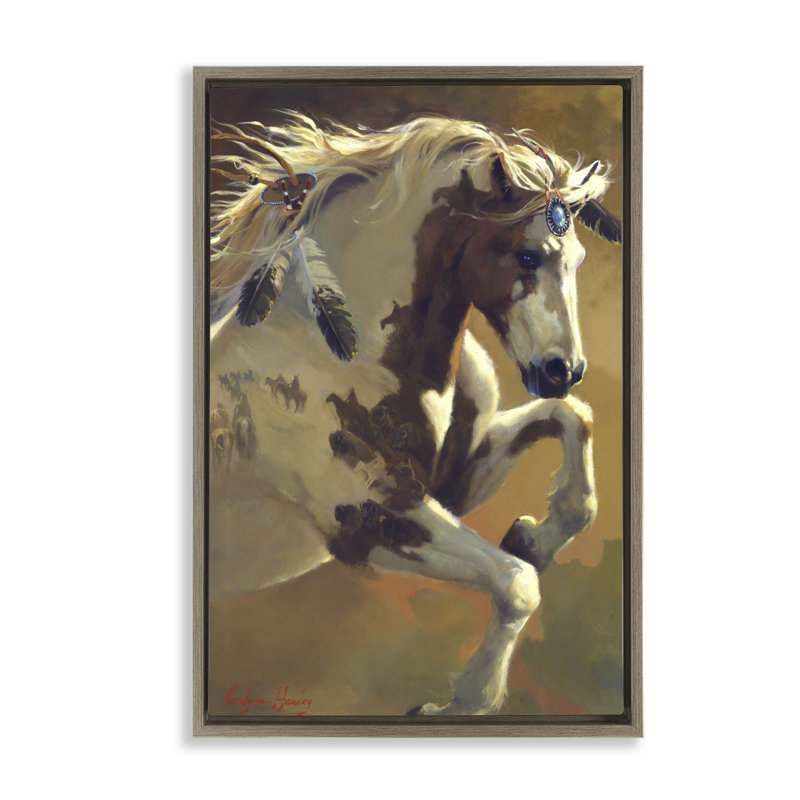 «Eleving Horse with Feather Ornement», art mural encadré sur toile flottante, design par Carolyne Hawley, H 25 po x l 17 po