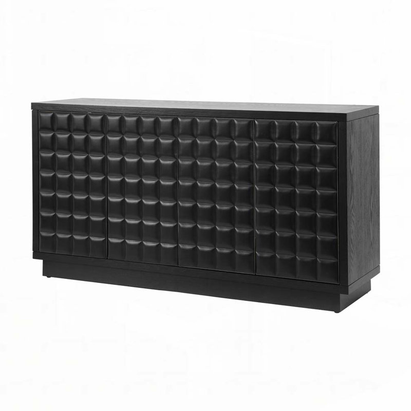4-Door Storage Cabinet with 3D Geometric Doors & Metal Trim, Black