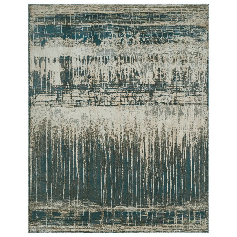 Strato Ocean Tides Abstract Teal/Beige Area Rug, Rectangle 9'6" x 13'6"