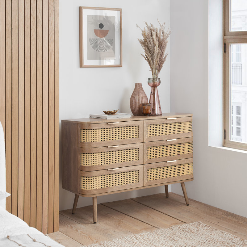 Amanni 6 Drawer Rattan Chest, Oak