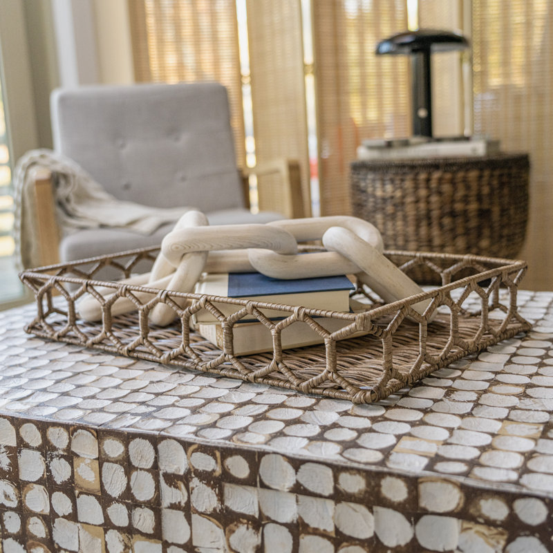 Honeycomb 19.75" Rustic Bohemian Hand-Woven Rattan Tray, Brown
