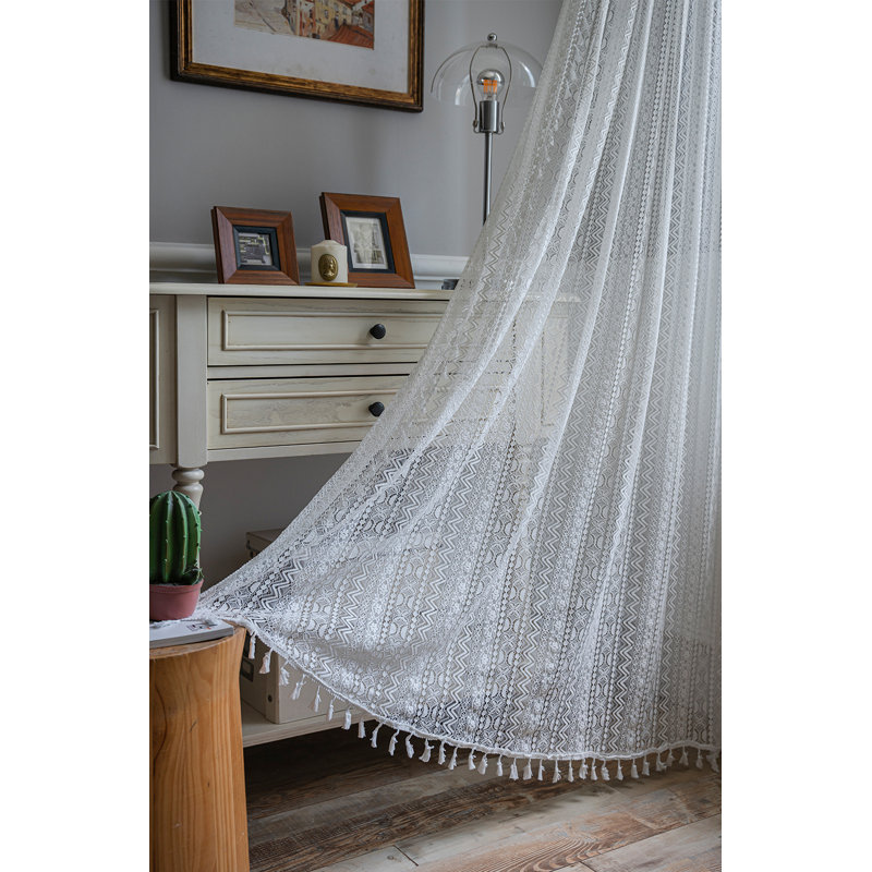 Paire de rideaux en dentelle blanche avec vagues géométriques blanches - Paire de rideaux boho, L 59 po x L 84 po