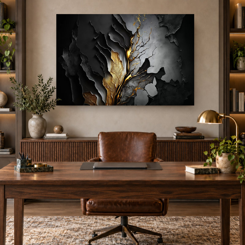 Art mural sur toile de luxe abstrait noir, doré et gris, toile tendue moderne, prête à être accrochée, 24" H x 36" W