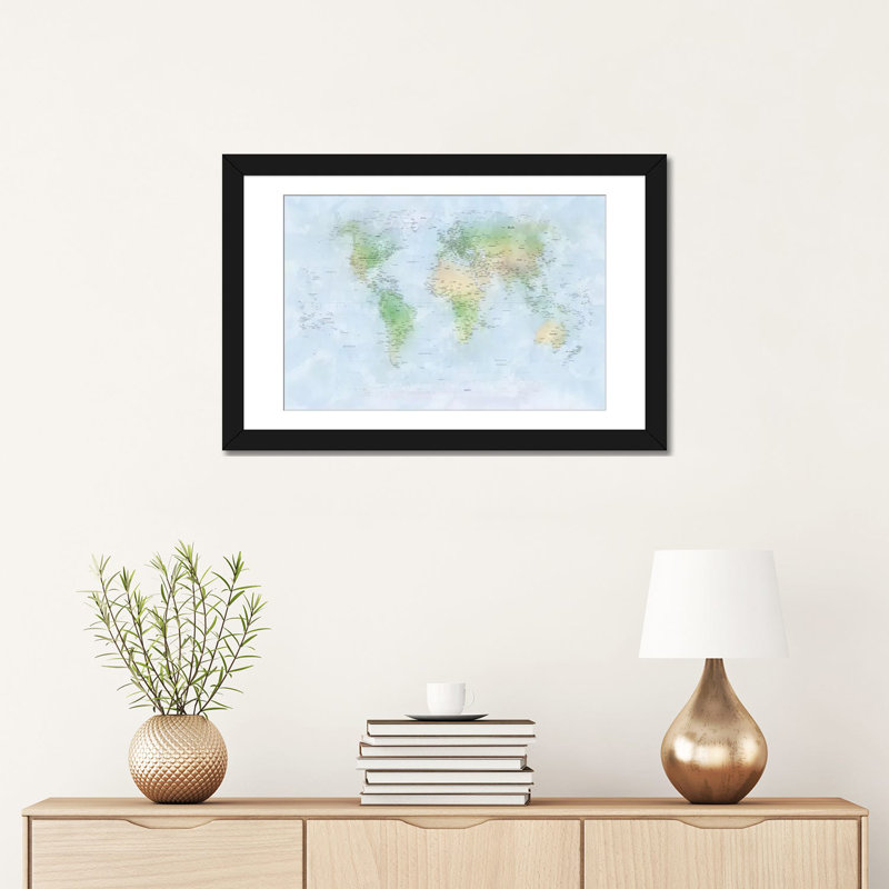 « world map iii », impression sur toile, Papier beaux-arts encadré noir, Blanc, H 24 po x l 32 po x P 1 po
