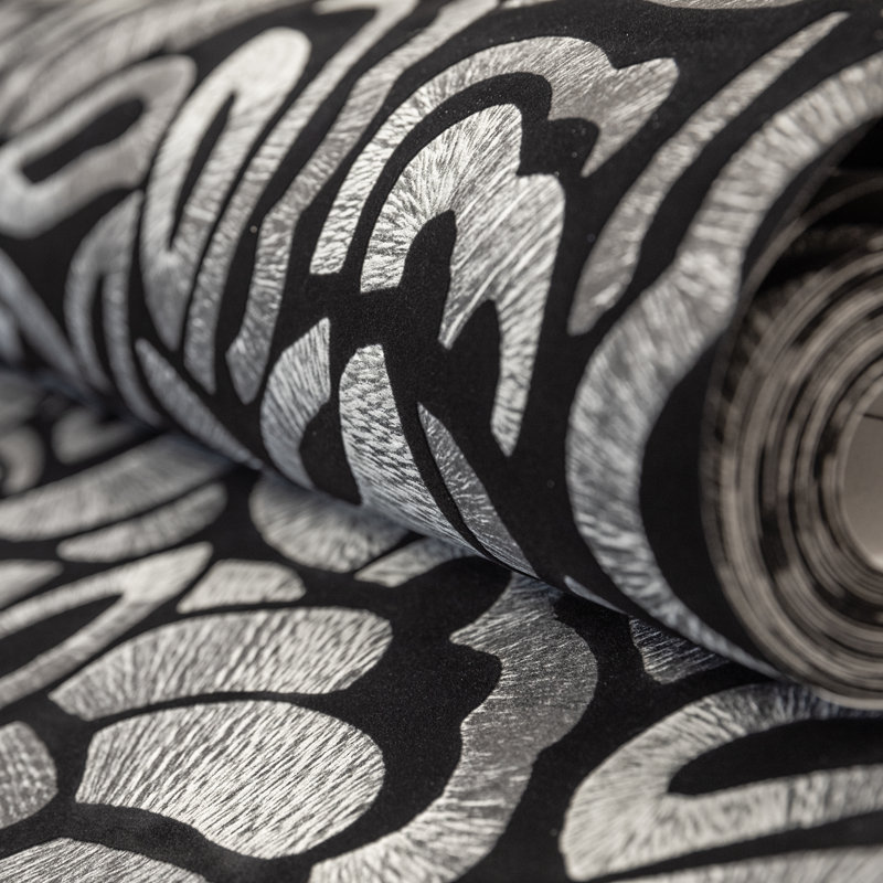Chelchowska Pepper Collection Flocked Fabric Brussels Lace Lana 10.05m x 53cm Wallpaper Roll, Black